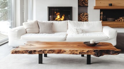 Rustic live edge coffee table near white sofa against fireplace Minimalist home interior design of modern living room