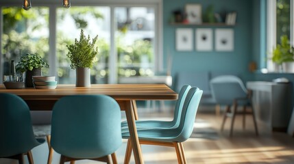 Fototapeta premium Scandinavian, mid-century style home interior design of modern dining room with wooden dining table and turquoise chairs