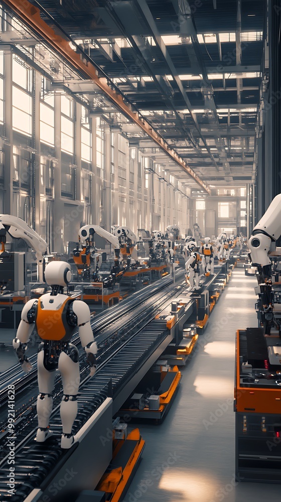 Poster industrial robots working on a production line in a futuristic factory