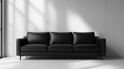 Sleek black leather sofa in a minimalist living room,