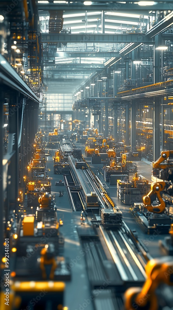 Poster futuristic factory production line with robots and automation
