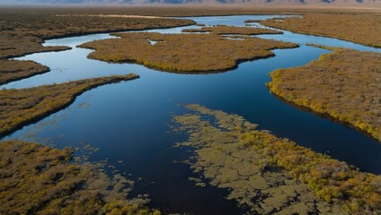 Aerial view of wetland with river and numerous islands in a marshy habitat