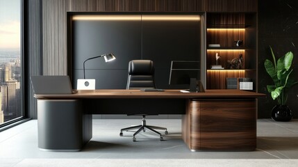 Sleek modern office desk with built-in storage and a minimalist design