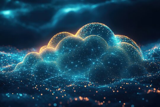 futuristic banner design with digital cloud, glowing data nodes, and connectivity lines, portraying advanced technology concept