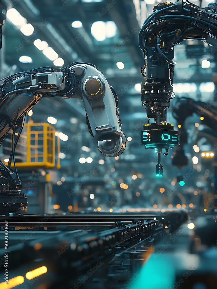 Poster futuristic robotic arms in automated factory setting. industry 4.0 and advanced technology concept