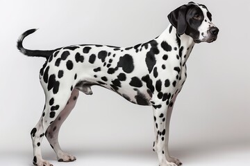 A young Dalmatian puppy sitting in a side view position, showcasing its black spots and calm demeanor on a white background.