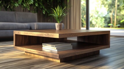 Square coffee table with open shelving beneath