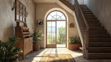 Fototapeta premium Staircase and arched window in farmhouse hallway Rustic style interior design of entrance hall in country house