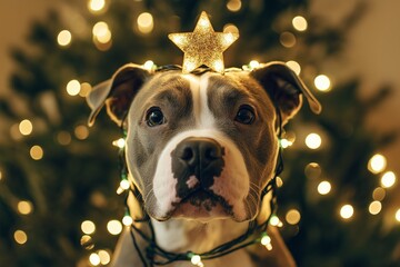 An adorable dog wrapped in Christmas lights with a star on its head, capturing the festive holiday...