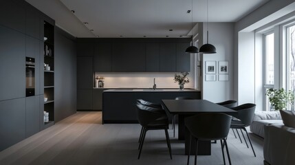 Studio apartment with black dining table, chairs and kitchen island Scandinavian, minimalist interior design of modern living room