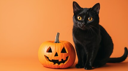 Black cat with jack-o'-lantern on an orange background