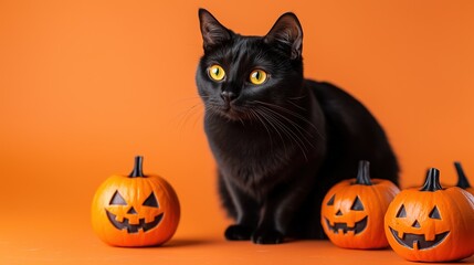 Black cat with jack-o'-lantern on an orange background