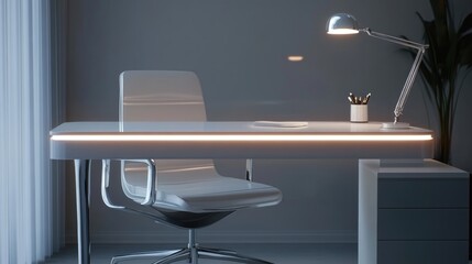 Stylish desk with a white lacquered finish and built-in desk lamp