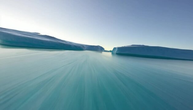  iceberg landscape at continuous hyperspeed FPV under clear sky