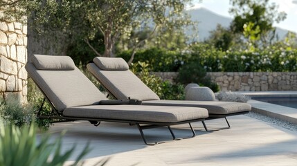 Stylish outdoor chaise lounges with adjustable backs and plush, weather-resistant cushions