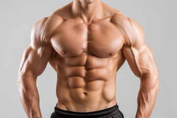 Fototapeta premium Close-up of a muscular male torso showcasing defined abs and strong upper body, emphasizing bodybuilding, strength, and fitness dedication.