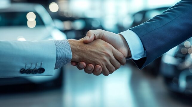 Close-up of people closing a business deal by shaking hands with blurred car dealership background. Customer shaking hands with manager after buying a car.
