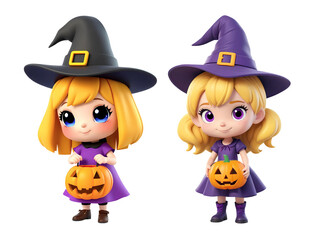 3d rendering blonde girl cartoon characters wearing purple and black witch costume and holding halloween pumpkin isolated on transparent background, PNG file add
