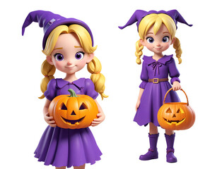 3d rendering blonde girl cartoon characters wearing purple witch costume and holding halloween pumpkin isolated on transparent background, PNG file add