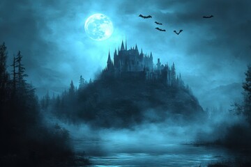 Fototapeta premium dark castle illustration, a spooky castle on a misty hill with bats under moonlight a dark, dramatic halloween depiction stirring mystery and tension