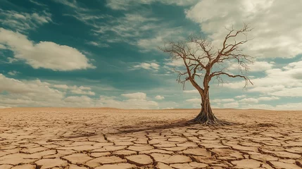 Foto op Canvas Lone tree standing in a dry cracked desert landscape under a bright sky showing the effects of drought and desertification © Art_spiral