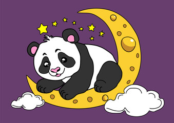 Hand drawn
vector drawing for children t-shirt. 
Cute panda sleeps at night on 
moon in clouds with stars
on lilac background. Cartoon design for textile, 
paper, fabric, kids clothing, pajamas.
