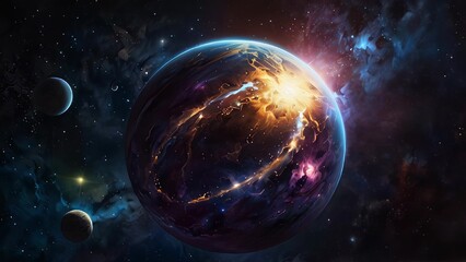 Fototapeta premium Vivid dramatic space scene featuring a planet overwhelmed by a cataclysmic cosmic event against a starry backdrop