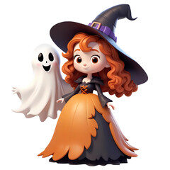 3d rendering halloween ghost and girl with orange hair wearing dark orange witch costume isolated on transparent background, PNG file add