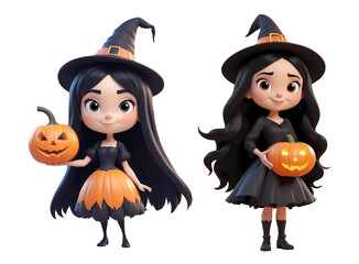 3d rendering girl cartoon characters with long dark hair wearing dark orange witch costume and holding halloween pumpkin isolated on transparent background, PNG file add