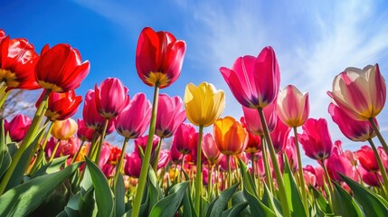 A charming still life of a variety of tulips, with their vibrant colors artfully arranged in a vintag