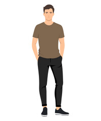 Vector illustration of a man wearing an olive t-shirt and tight black pants, creating a stylish and minimalist look.