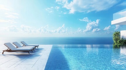 Fototapeta premium Terrace in villa with sunbeds and swimming pool with clear blue water with stunning sea view and sky Summer resort hotel vacation concept