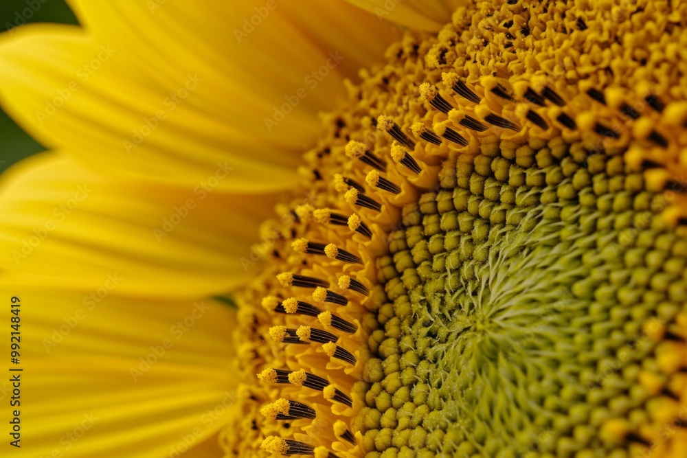 Wall mural detailed macro shot of a sunflower blooming in summer