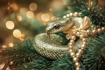 Fototapeta premium A green snake, adorned with a pink bow on its neck, is wrapped around a snow-covered evergreen branch. 