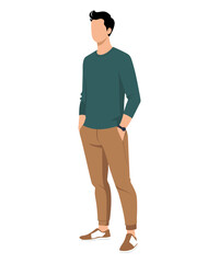 Vector illustration of a man in a dark green sweater and brown pants, emphasizing natural shades and a comfortable style for walking.