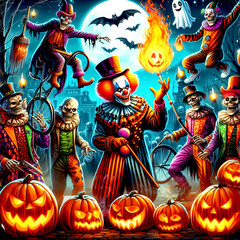 creepy clowns monsters having fun on halloween halloween time