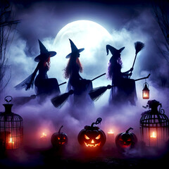 beautiful witches on brooms in the moonlight, against the background of the full moon in dark clothes. halloween time