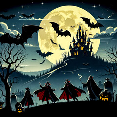vampires in long cloaks and dark clothes in the moonlight against the backdrop of their castles halloween time