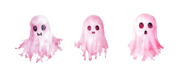 Watercolor set of pink elements for Halloween. Png ghosts. Beautiful clipart for cards, posters and stickers
