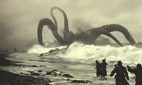 A depiction of the Kraken, a mythical sea monster, rising from the depths of the ocean.