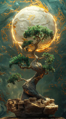Bonsai Tree with Cosmic Background and Glowing Orb Illumination