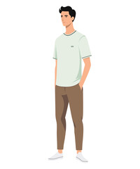 A man in a white t-shirt and brown pants, finished off with white sneakers. Minimalist style.