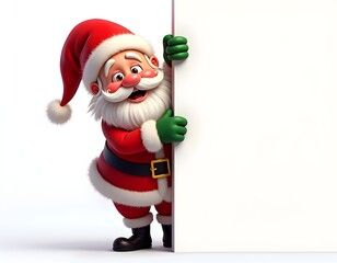 Cheerful Cartoon Illustration of Santa Claus Peering Around a White Border in Traditional Red Suit