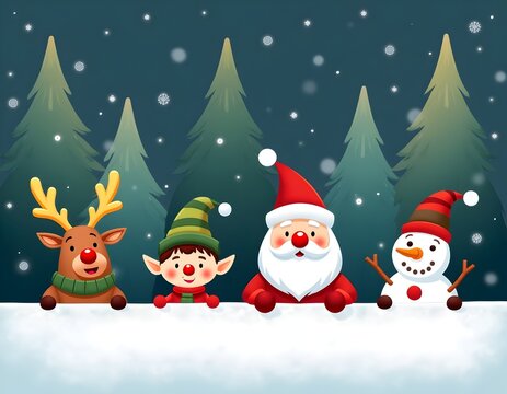 Festive Cartoon Characters Celebrating Christmas in a Snowy Winter Scene with Blank white Signboard