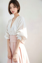 白とピンクのコントラストが際立つ洗練されたスタイル – シンプルでエレガントな女性の優美なポートレート