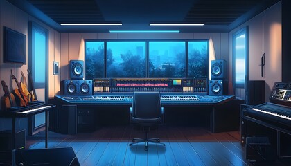 Modern Music Studio with Blue Lights and Large Windows