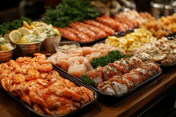 Obraz premium Seafood platter with lobster, shrimp, mussels, shrimps, mussels, squidpus, crab, shrimp, squid, shrimp, fish, musselpus, mussels, squid. Seafood and healthy eating concept.