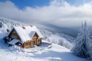 Wooden mountain chalet covered in fresh snow during wintertime