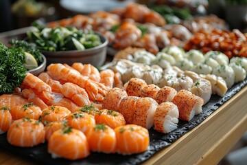 Seafood platter with lobster, shrimp, mussels, shrimps, mussels, squidpus, crab, shrimp, squid, shrimp, fish, musselpus, mussels, squid. Seafood and healthy eating concept.