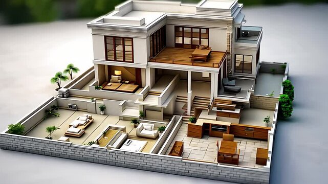 Modern house architectural model with detailed interior layout, representing real estate design, luxury home construction, and 3D visualization.

